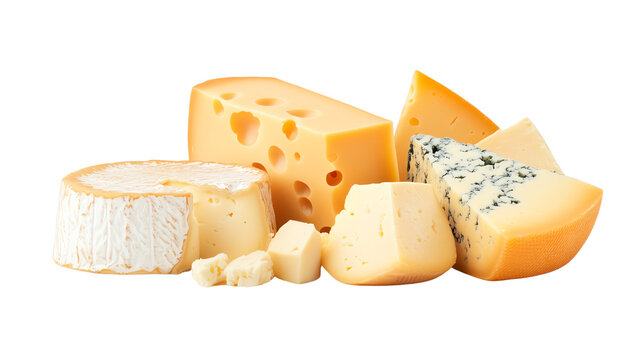 Assorted cheeses including blue, swiss, brie, and gouda varieties