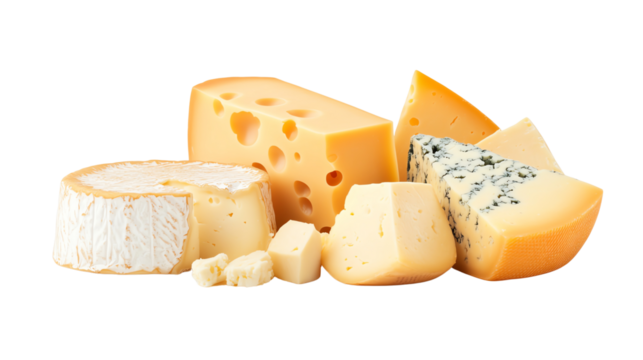Assorted cheeses including blue, swiss, brie, and gouda varieties