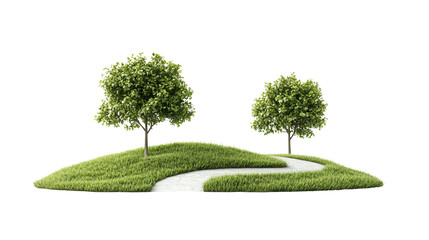 Scenic landscape with two lush green trees on grassy hills and a winding pathway under a clear sky