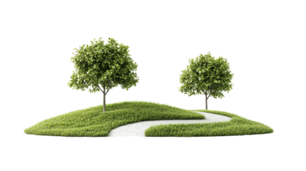 Scenic landscape with two lush green trees on grassy hills and a winding pathway under a clear sky