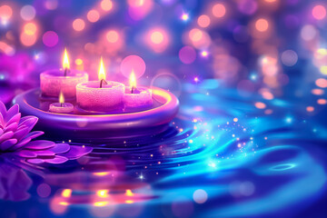 A serene display of colorful floating candles rests on water, accompanied by lush flowers, creating a tranquil atmosphere filled with shimmering lights