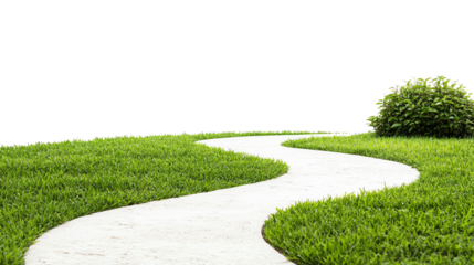 A serene, winding pathway through vibrant green grass and a neatly trimmed bush in a peaceful setting