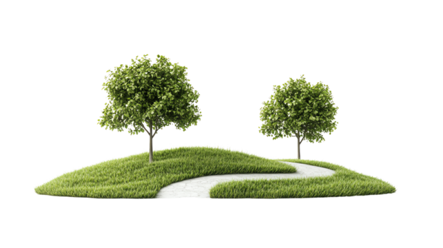 Scenic landscape with two lush green trees on grassy hills and a winding pathway under a clear sky