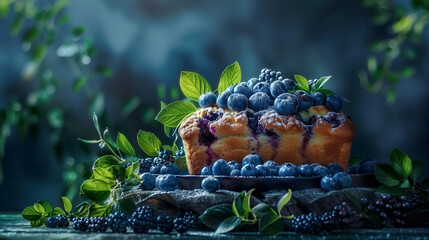 A delicious blueberry loaf cake garnished with fresh blueberries and green leaves, beautifully presented on rustic plate.