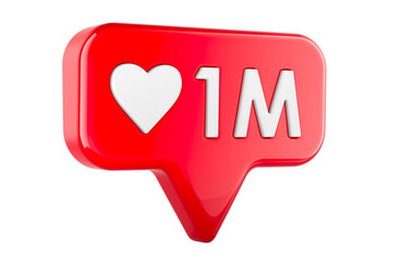 One million likes, social media notification with heart icon, 3D rendering isolated on transparent background