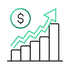 Growth icon featuring a rising graph with a dollar sign in a minimalist style on a clean background