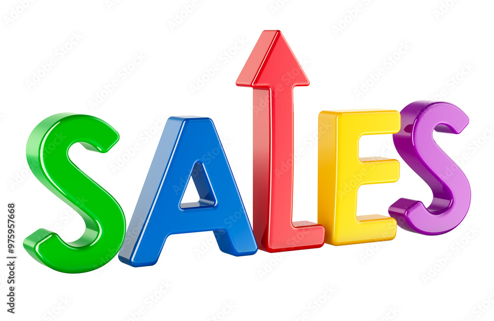 Poster sale colored text with red arrow up, 3d rendering isolated on transparent background