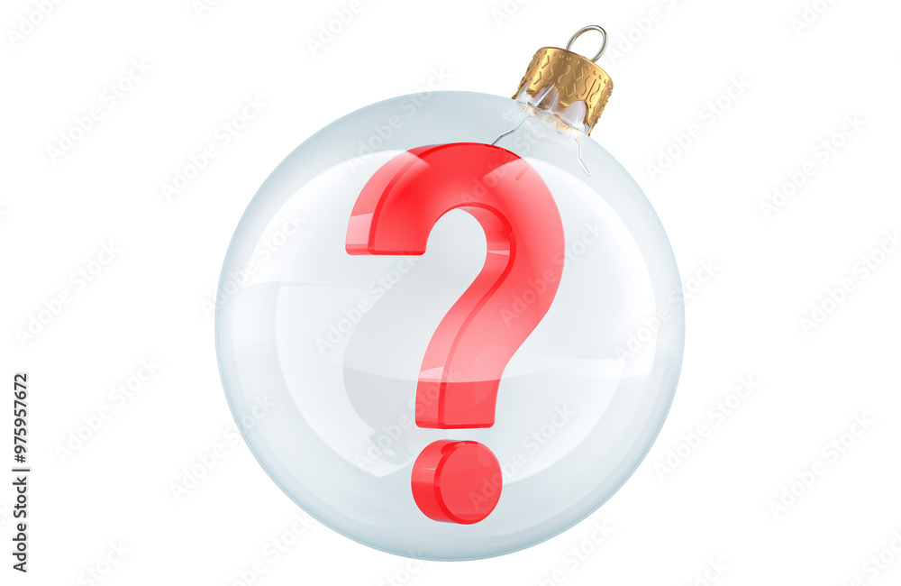 Poster question mark inside transparent christmas ball, 3d rendering isolated on transparent background