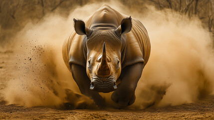 Rhino charging toward the camera, Rhino attack, angry animal ,rh
