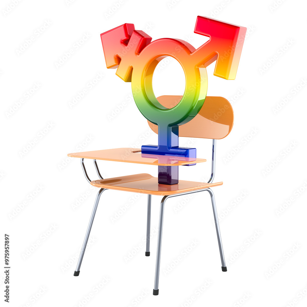Poster school desk with transgender symbol, 3d rendering isolated on transparent background