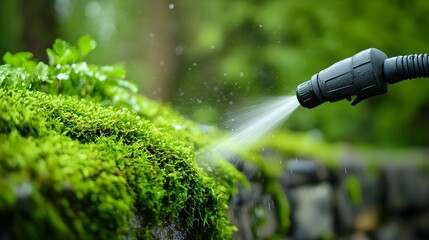 Pressure washer removing moss from an old stone wall, water spraying, moss breaking away, vibrant green contrasting with gray stone, captured in high detail, Realism, DSLR shot