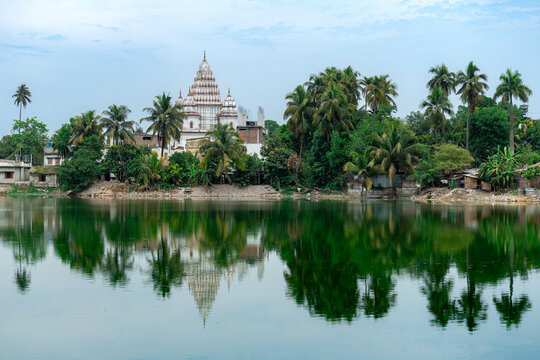 Shiva Temple, at Puthia Rajbari complex view from the pond, in Puthia, Bangladesh. Pancha Ratna Shiva Temple.