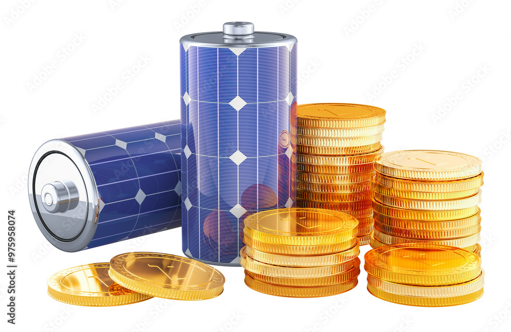 Poster saving energy consumption, concept. batteries with solar panel and stack of coins, 3d rendering isol