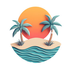 Obraz premium Vector graphic of a tropical beach with palm trees and sunset