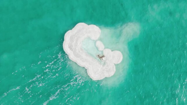 Aerial drone footage of Dead Sea salt island with a lonely tree in the middle of beautiful clear water