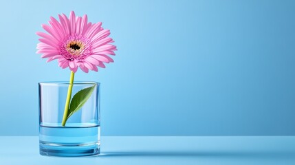 Pink Gerbera Daisy in Glass Vase on Blue Background