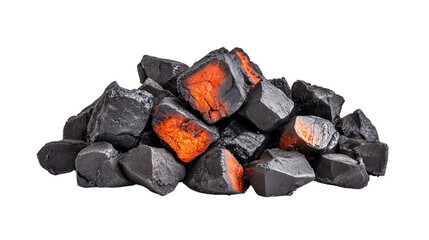 Heap of black coal chunks with glowing embers, ideal for energy and industrial-themed projects.