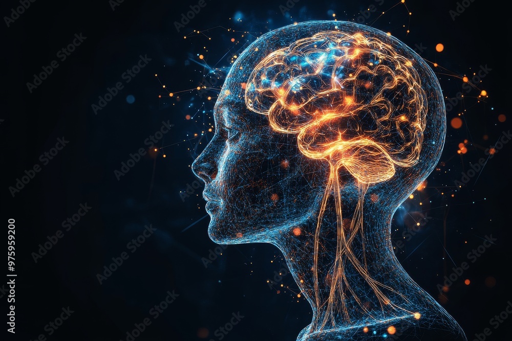 Poster glowing brain with intricate neural connections representing the complexity of the human mind though