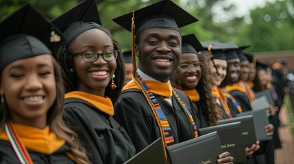 Group of Smiling Graduates in Caps and Gowns Holding Diplomas
