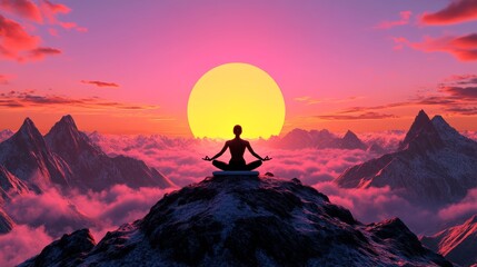 Woman meditating on mountain peak at sunset