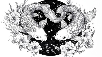 Obraz premium Yin-Yang Koi Fish Underwater Floral Harmony