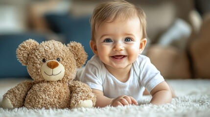 Fototapeta premium Adorable Baby Boy with Teddy Bear on White Furry Blanket