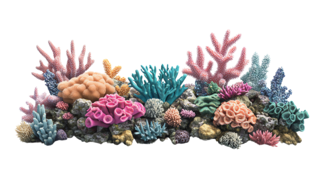 Colorful coral reef illustration featuring various marine life forms in vibrant shades