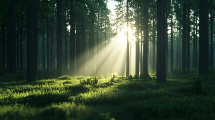 Fototapeta premium A serene forest landscape showcasing sunlight filtering through tall trees, creating a beautiful and tranquil atmosphere.