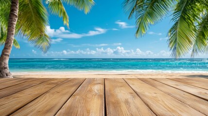Tropical Beach with Wooden Plank Background