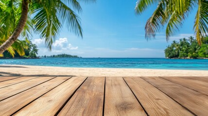 Tropical Beach Background with Wooden Plank Mockup