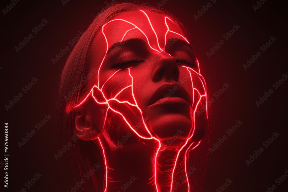 Poster woman with red neon facial patterns representing the integration of technology with human form in a 
