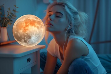 Naklejka premium Young Woman Daydreaming in a Fantasy Moon Sky World, Listening to Music with Earphone