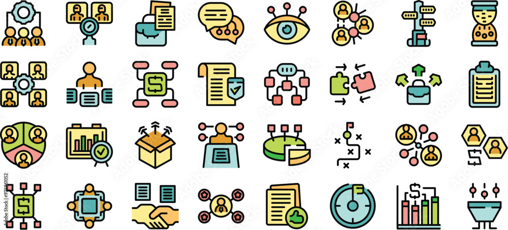 Poster this vector icon set showcases various aspects of workflow management, emphasizing efficiency and co