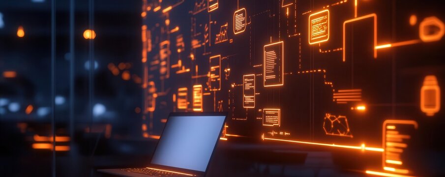 An open-concept office with glowing workflow diagrams projected on the walls, showcasing the integration of design and optimized productivity