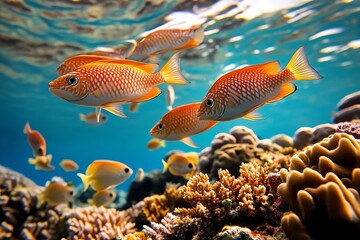 A flock of fish swimming through coral reefs, darting and weaving in synchronized patterns through the water