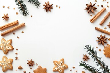 Christmas frame with gingerbread cookies, fir branches and spices.