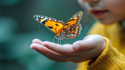 Child Holding Butterfly on Hand Closeup