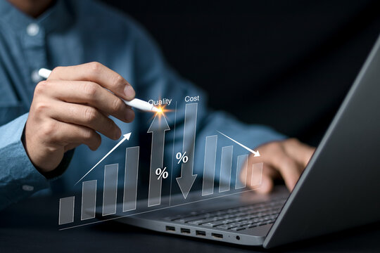 Quality increase and cost optimization for products or services to improve efficiency. Businessman use computer with quality control growth graph and cost reduction, Effective business, Efficient Risk