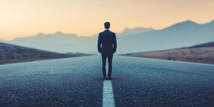 A solitary figure in a suit stands on an empty road, symbolizing journey, reflection, and determination against a serene backdrop.