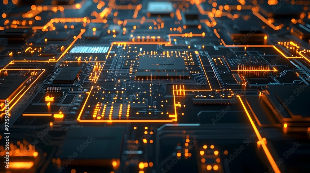 Poster glowing microchip circuit board digital technology background