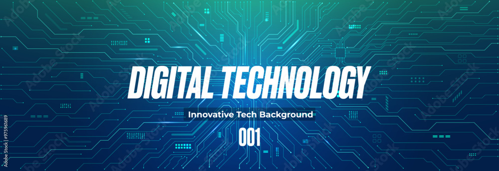 Poster Digital technology background. Blue green circuit board in cyber futuristic style. Abstract tech bg. AI innovative concept. Horizontal banner with circuit texture or pattern. Vector illustration. 