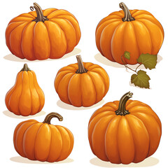 Collection of six vibrant orange pumpkins in various shapes and sizes