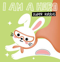 Cute cartoon rabbit in cloak and mask flying like hero isolated on green background illustration vector.