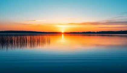 Obraz premium A serene lake at sunset, showcasing vibrant colors and calm waters, perfect for nature lovers and tranquil landscapes.