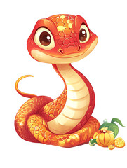 Fototapeta premium Cute cartoon snake illustration with large eyes, colorful scales, and fruits.