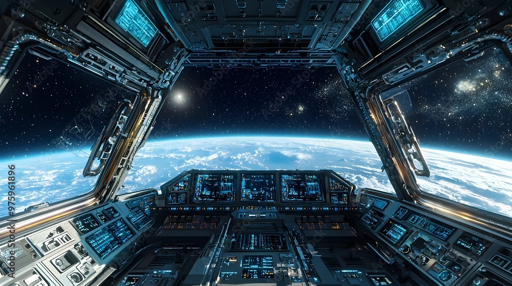 Poster futuristic spacecraft cockpit with advanced control panel and instrument display