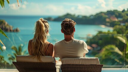Couple Sitting on a Balcony Overlooking a Tropical Ocean View