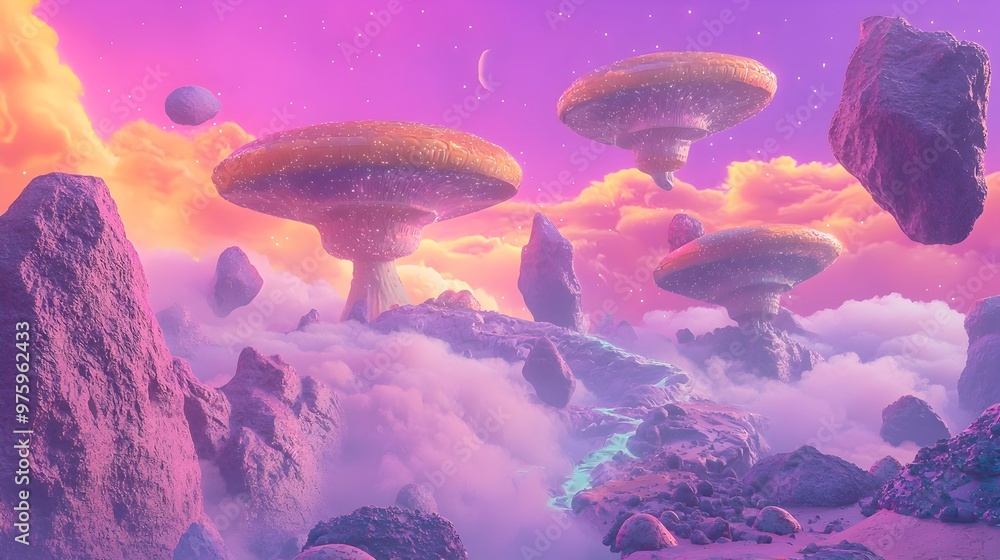 Poster otherworldly dreamscape with floating mushroom clouds in vibrant celestial atmosphere