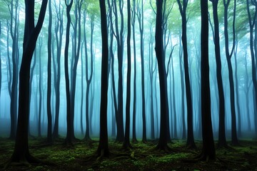 Obraz premium A foggy forest, where the trees fade into the background, creating an eerie and atmospheric landscape
