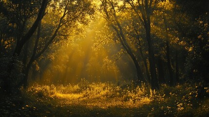 Obraz premium Golden sunlight filters through dense trees, bathing a tranquil forest in warm light, capturing the essence of nature beauty